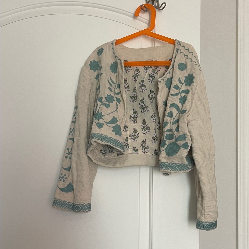 Soft Surroundings Teal/Cream crop jacket